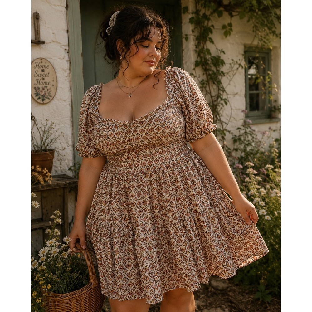 Floral Smocked Midi Dress in Brown cottage festival feminie